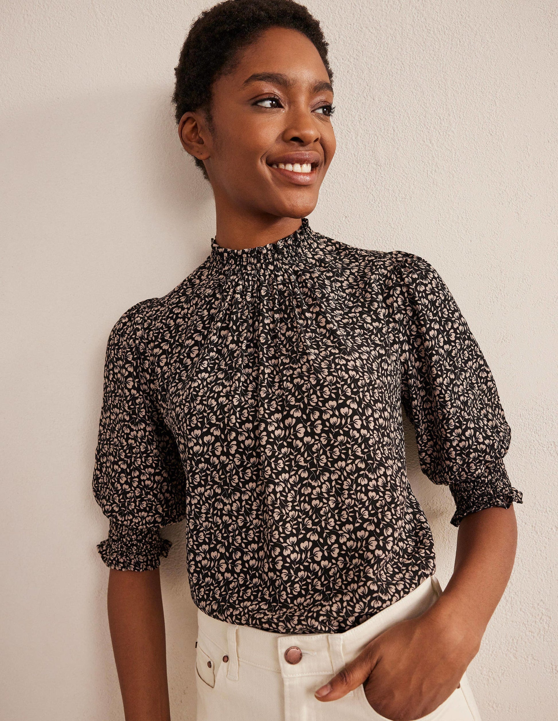Smocked Detail Printed Top-Black, Poppy Petal-1