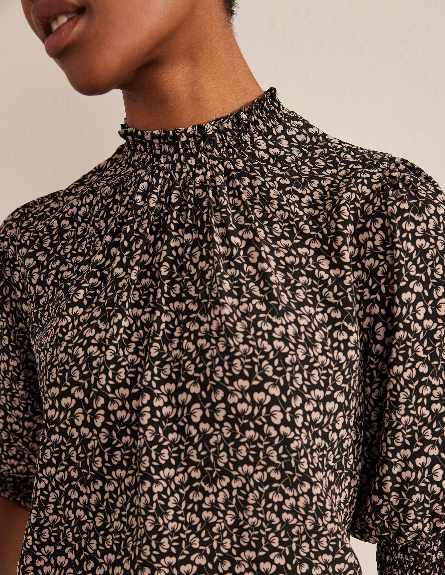 Smocked Detail Printed Top-Black, Poppy Petal