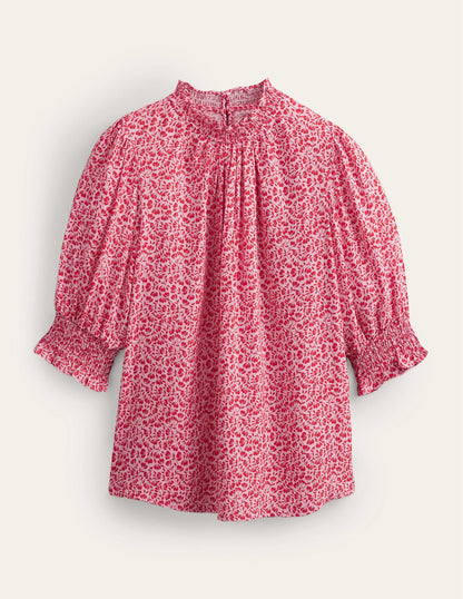 Smocked Detail Printed Top-Cameo Pink, Poppy Petal