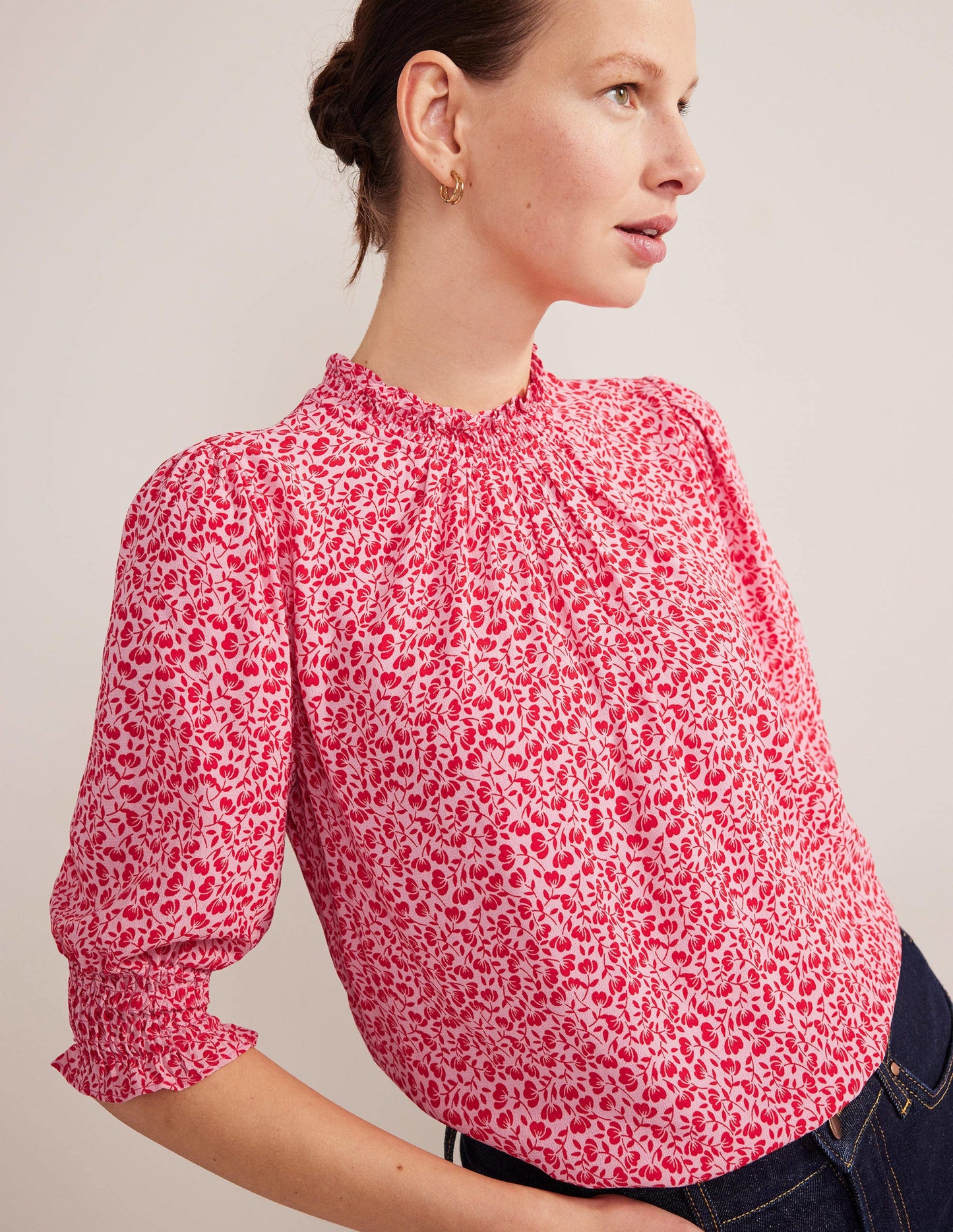 Smocked Detail Printed Top-Cameo Pink, Poppy Petal