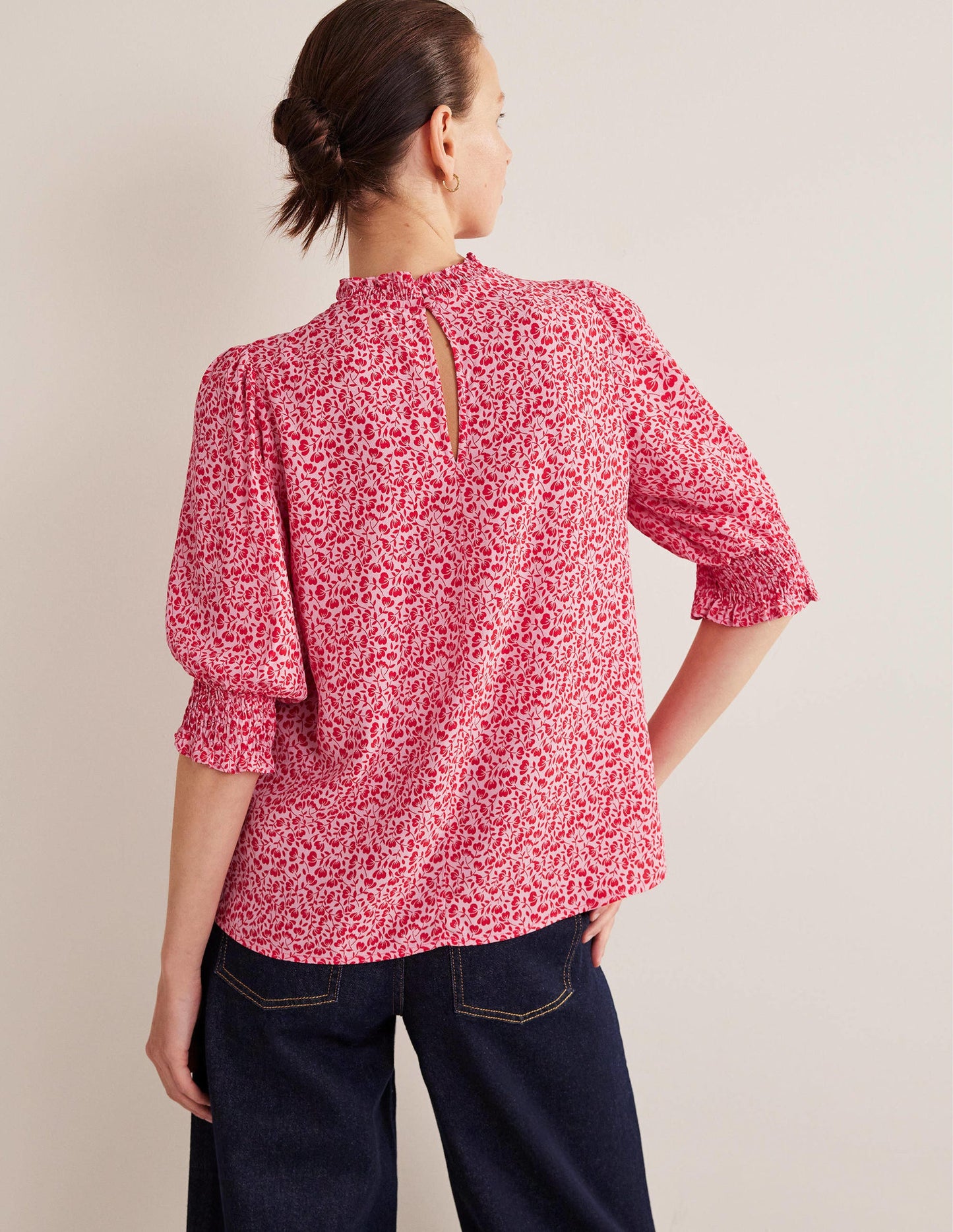 Smocked Detail Printed Top-Cameo Pink, Poppy Petal