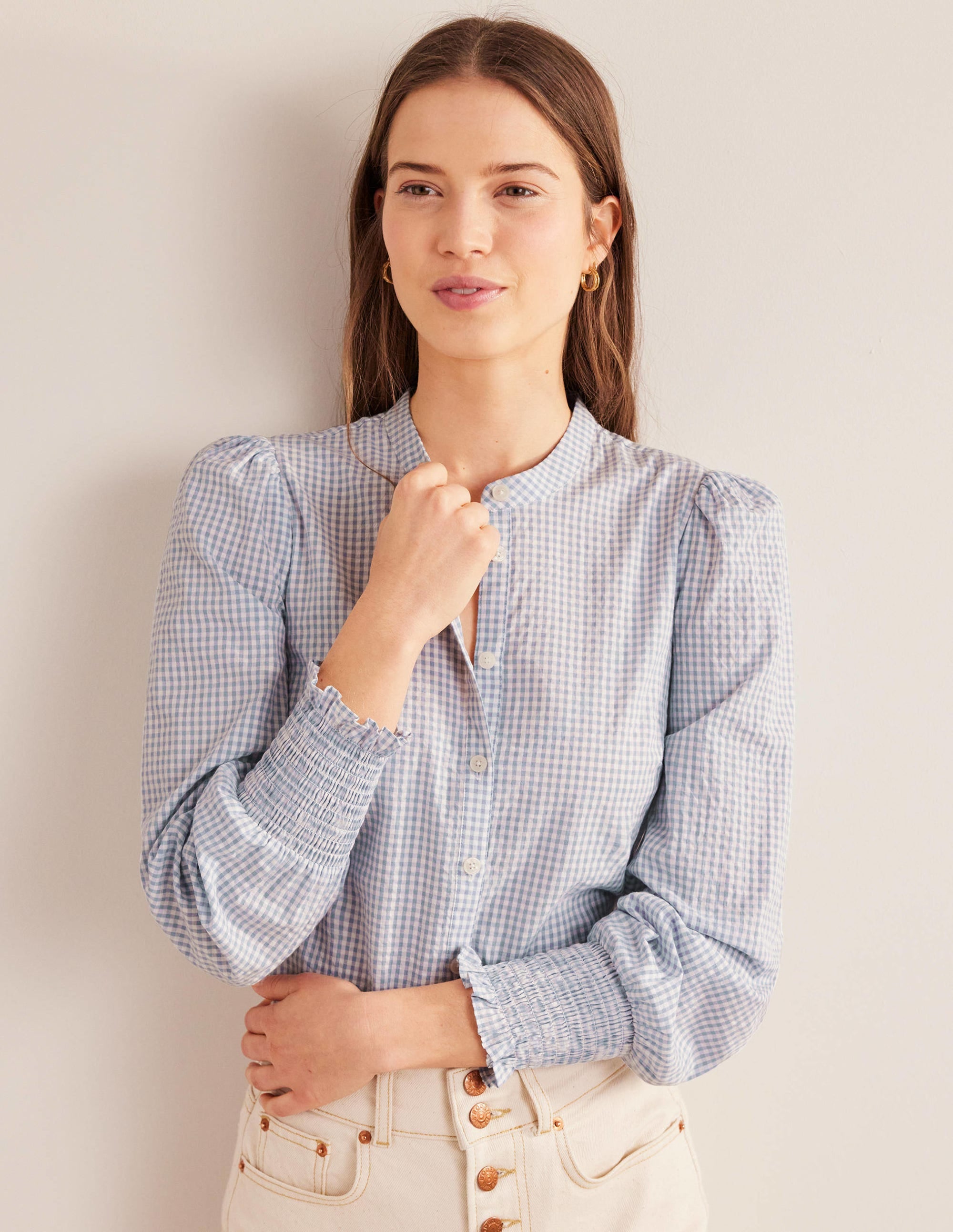 Smocked Cuff Shirt-Blue Blizzard Micro Gingham - Image 1