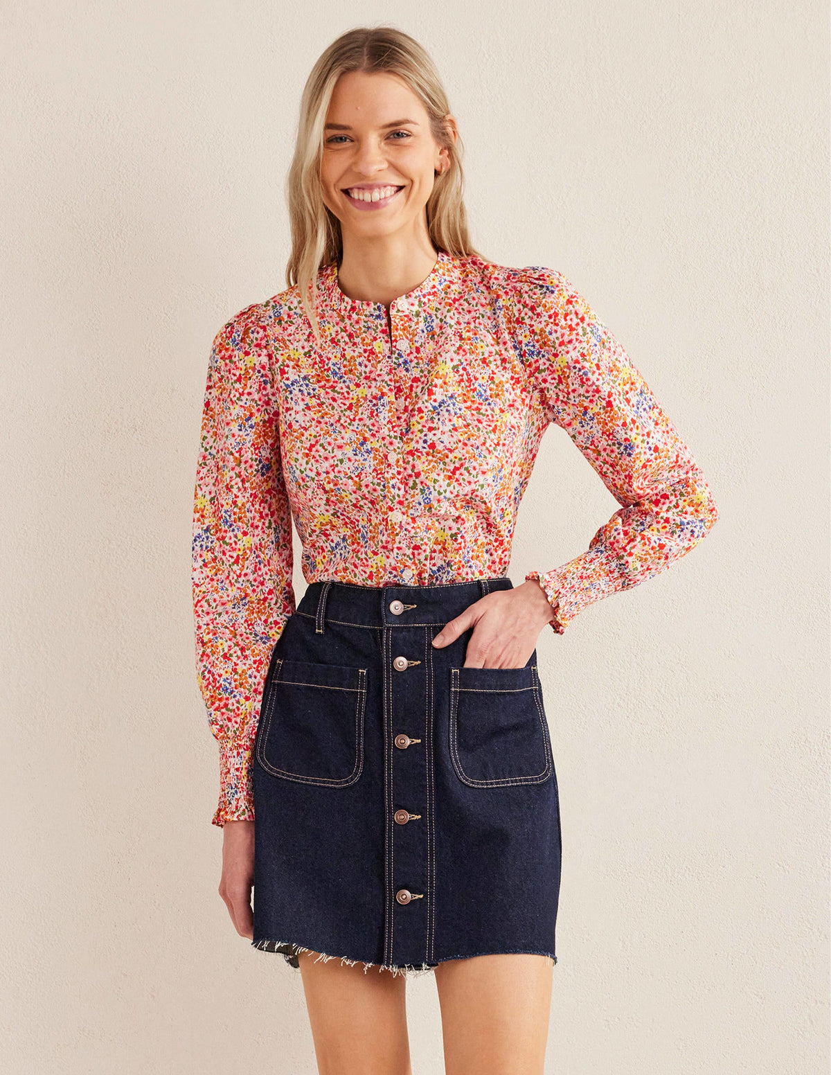 Smocked Cuff Shirt-Sunflower, Gardenia Petal - Image 1