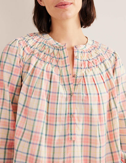 Smocking Detail Blouse-Soft Ivory Check
