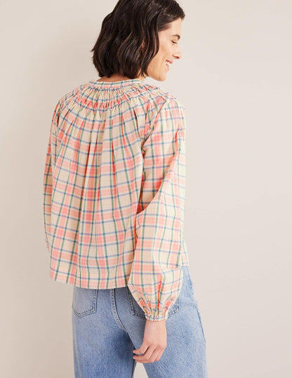Smocking Detail Blouse-Soft Ivory Check