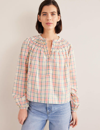Smocking Detail Blouse-Soft Ivory Check