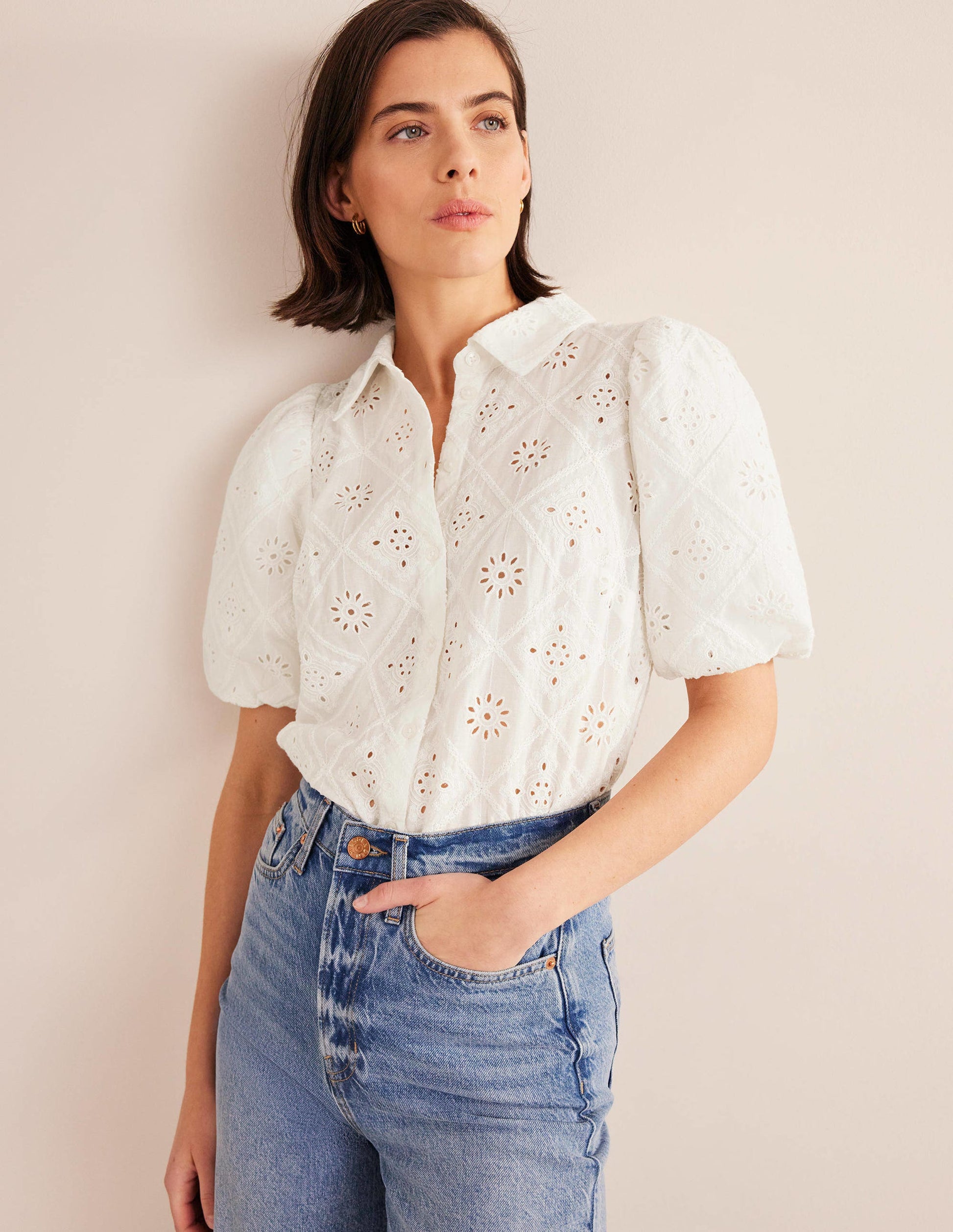Broderie Puff Sleeve Shirt-Ivory-1