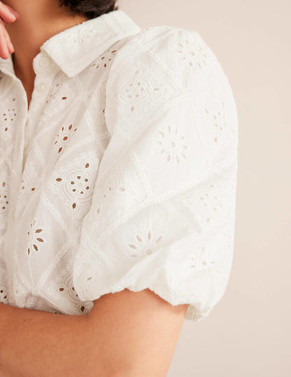 Broderie Puff Sleeve Shirt-Ivory-2