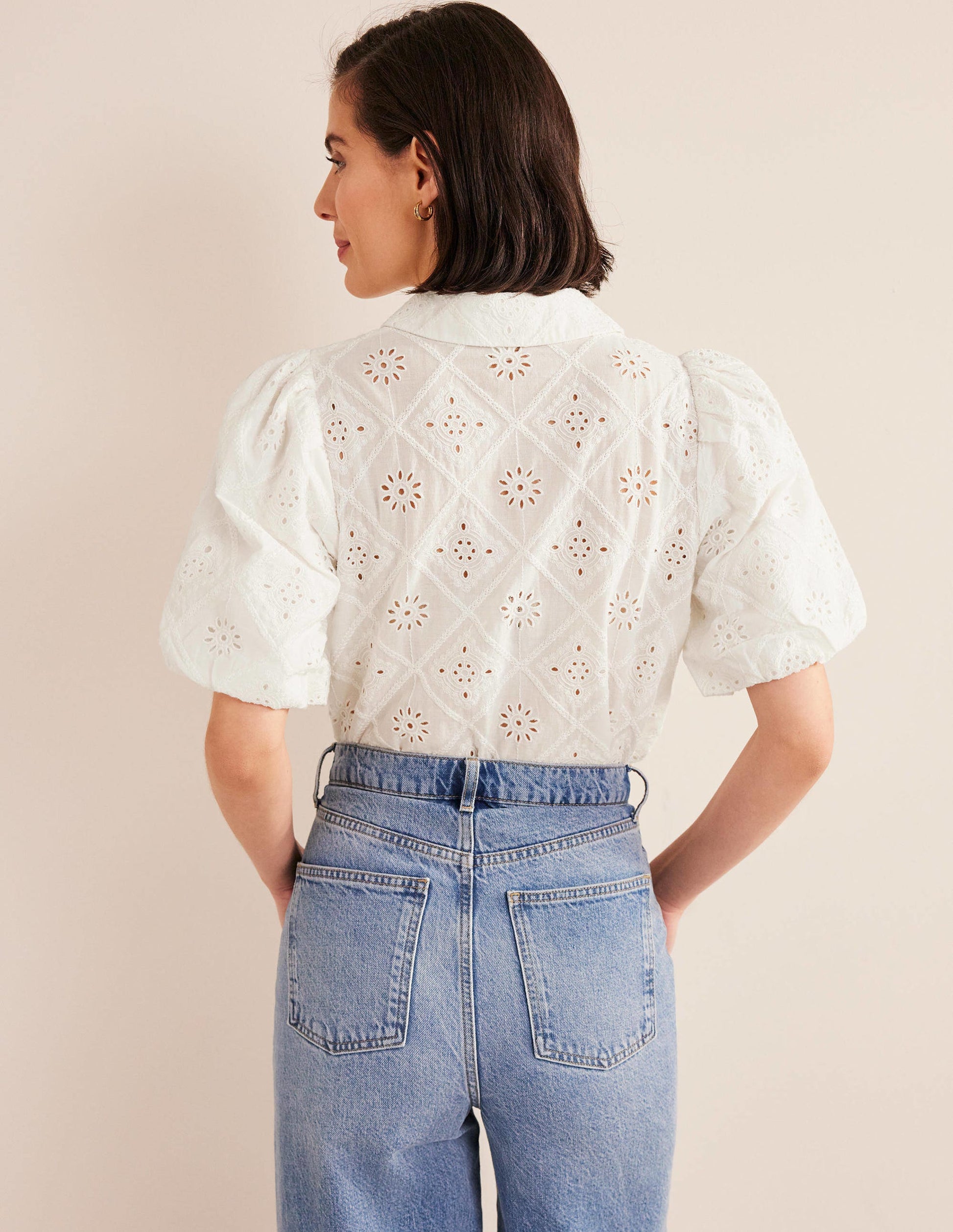 Broderie Puff Sleeve Shirt-Ivory-3