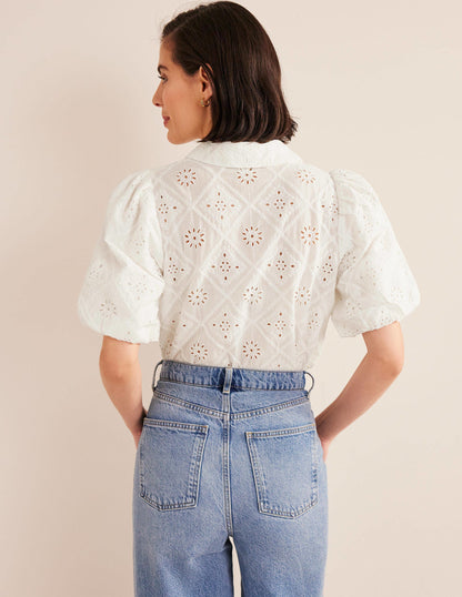 Broderie Puff Sleeve Shirt-Ivory-3