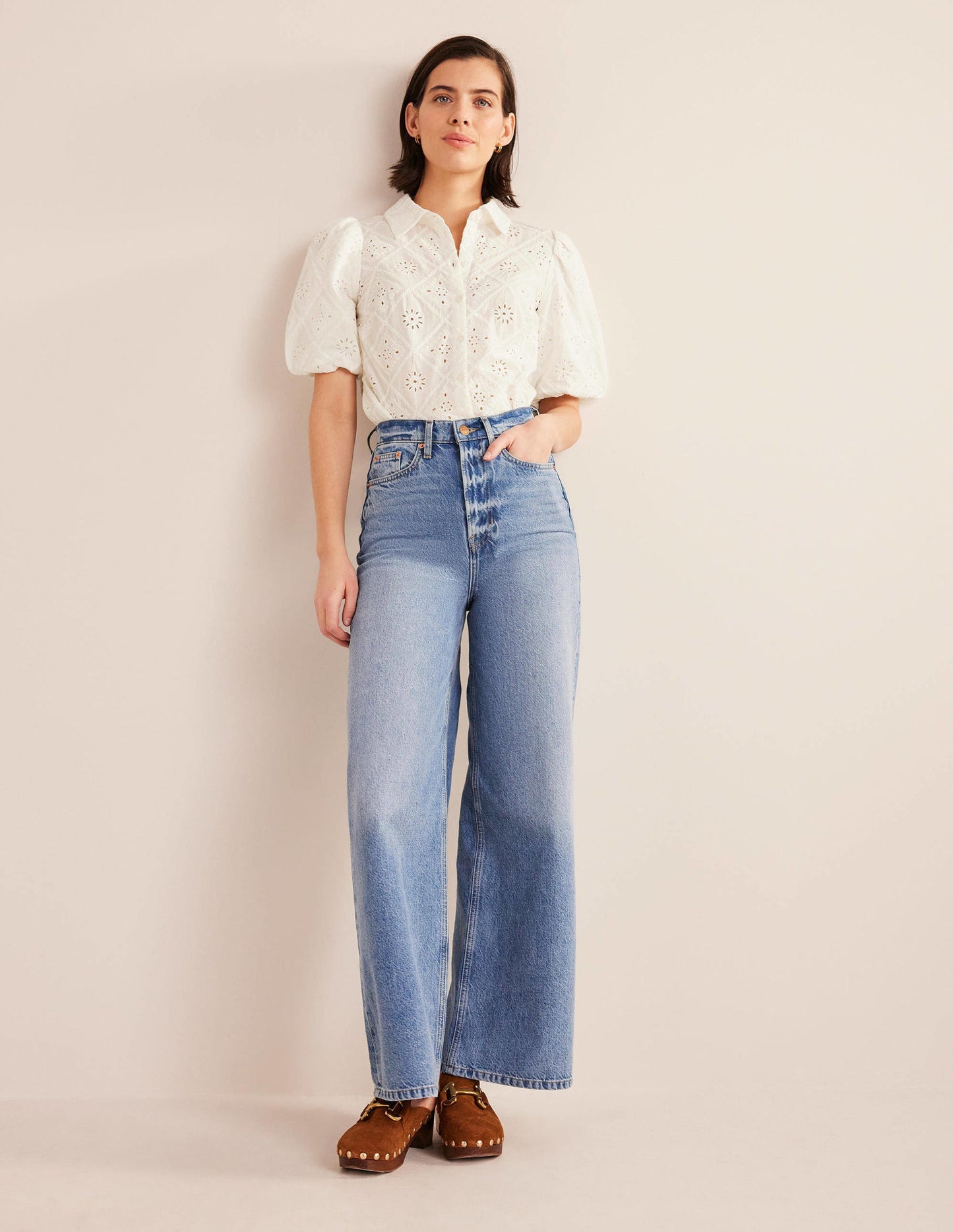 Broderie Puff Sleeve Shirt-Ivory