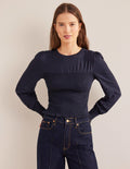 Smocked Bodice Cotton Top-Navy