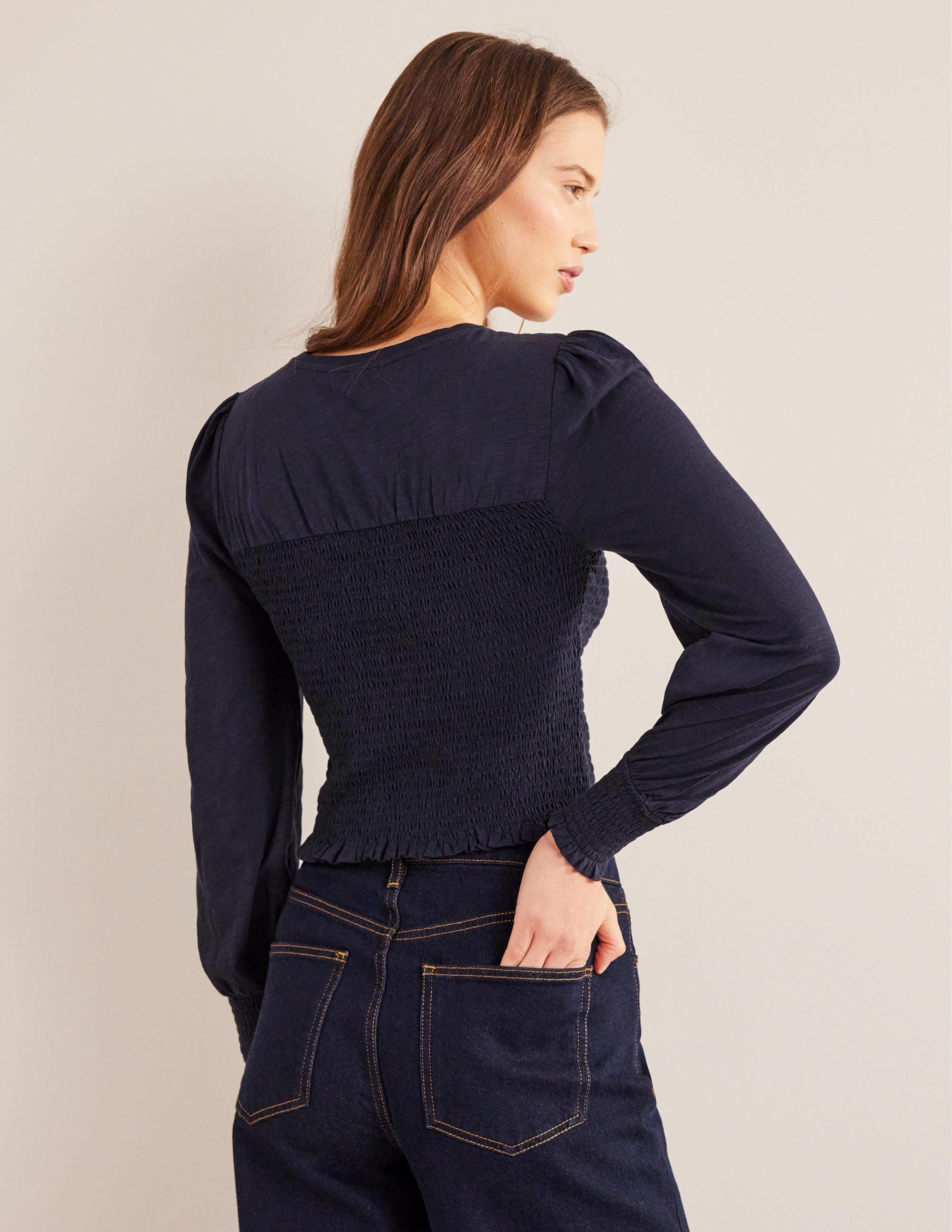 Smocked Bodice Cotton Top-Navy - Image 3
