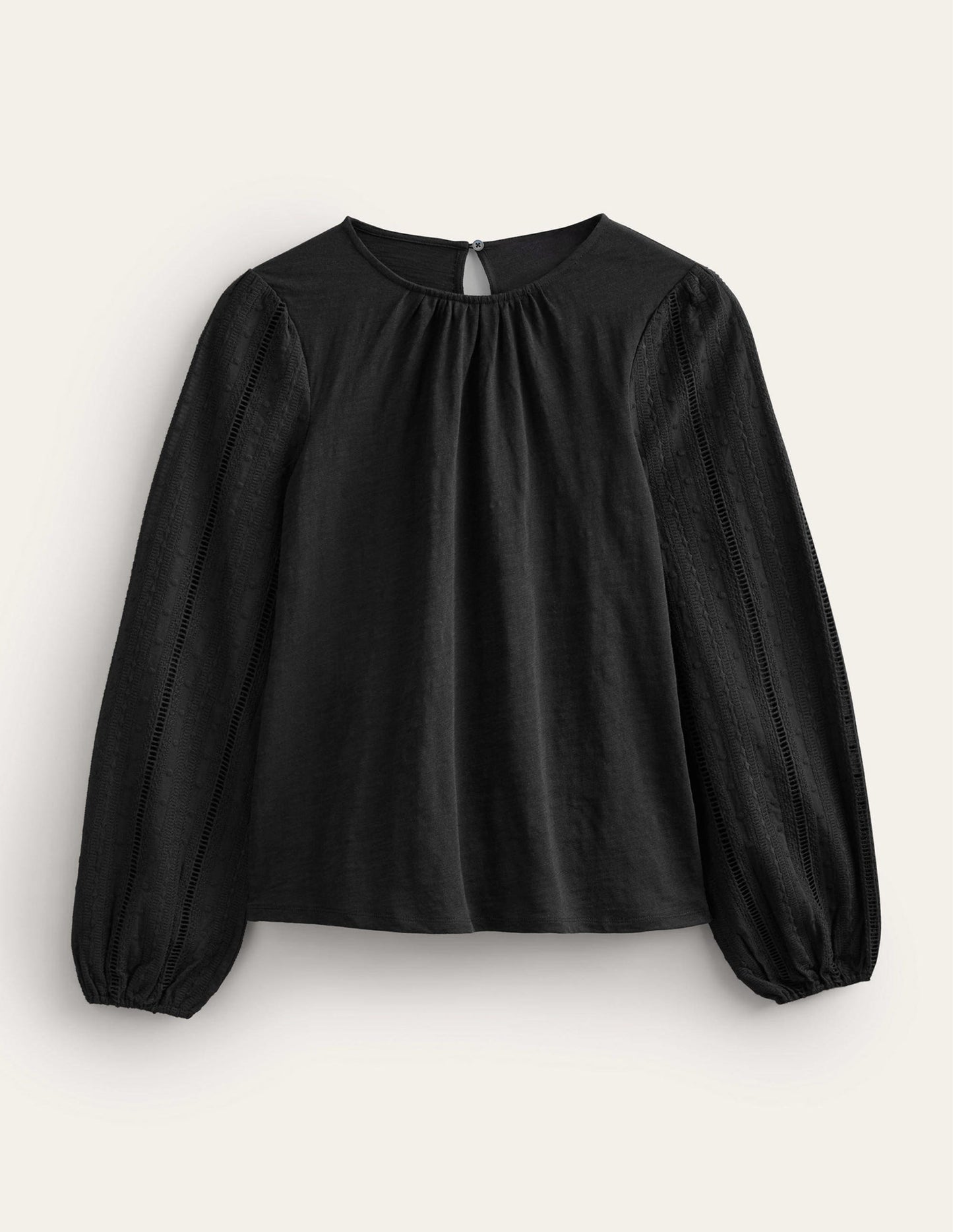 Crew Neck Broderie Sleeve Top-Black