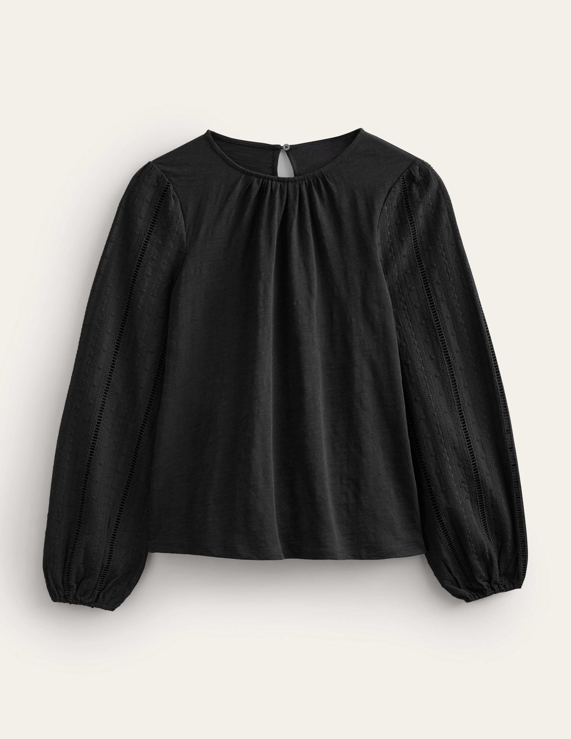 Crew Neck Broderie Sleeve Top-Black-5