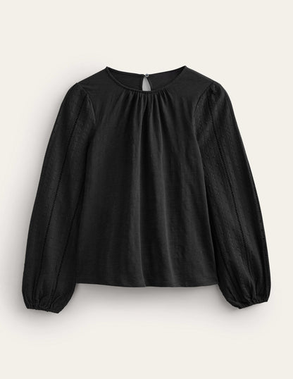 Crew Neck Broderie Sleeve Top-Black-5