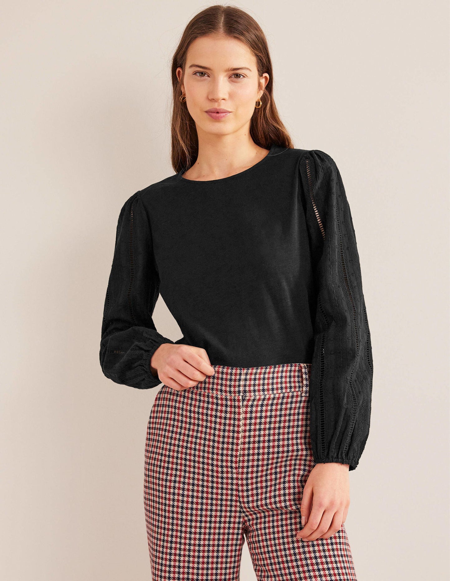 Crew Neck Broderie Sleeve Top-Black