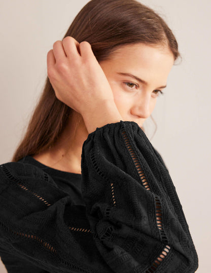 Crew Neck Broderie Sleeve Top-Black-2