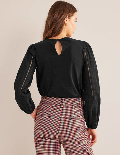 Crew Neck Broderie Sleeve Top-Black-3