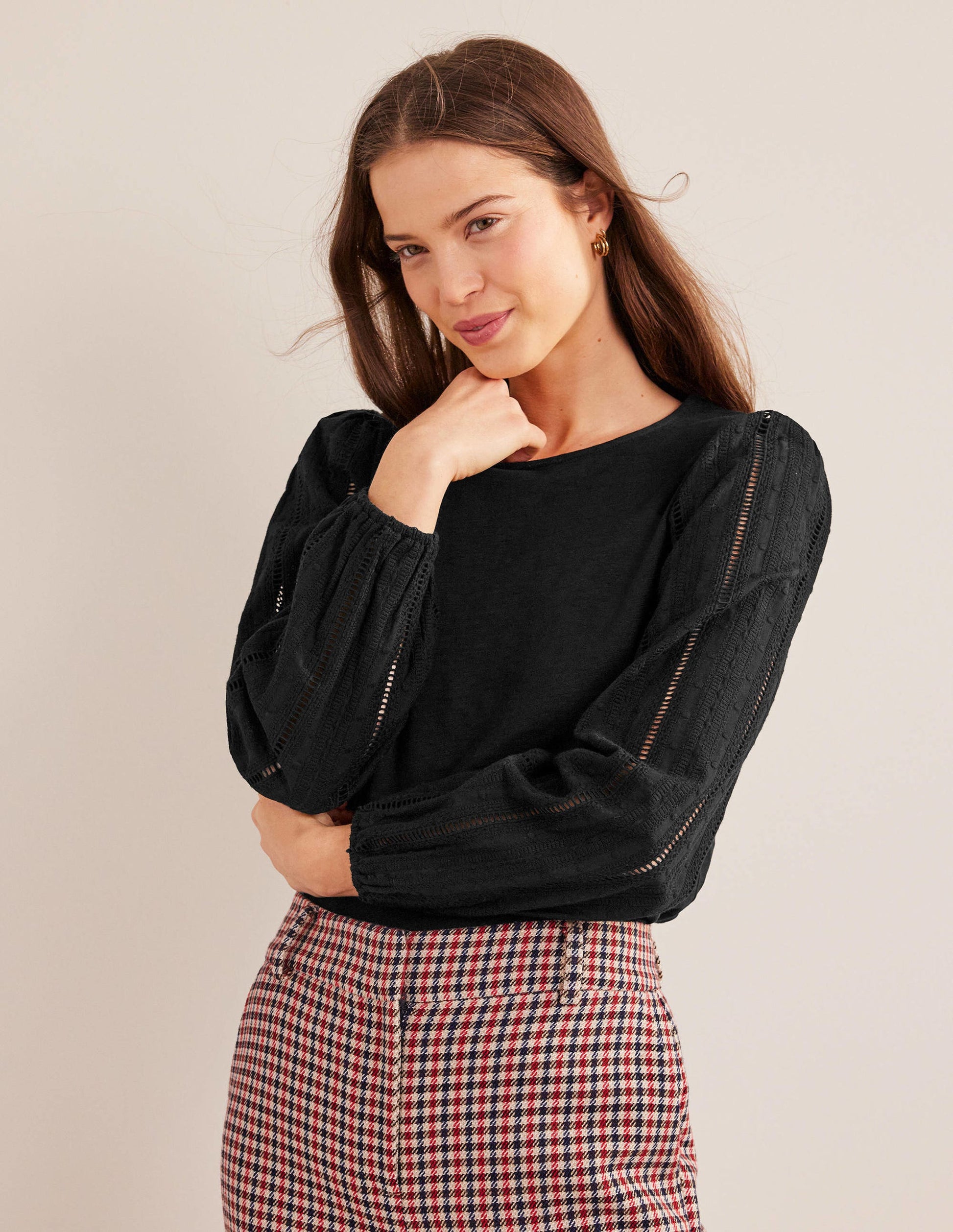 Crew Neck Broderie Sleeve Top-Black-4