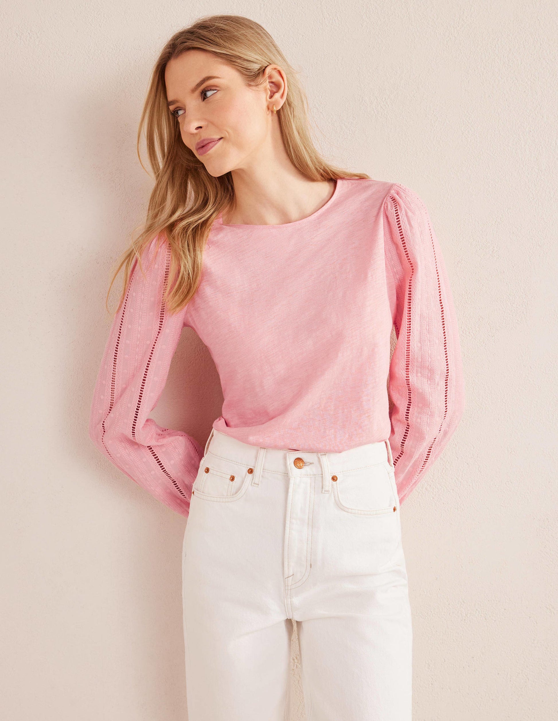 Crew Neck Broderie Sleeve Top-Dahlia Pink-1