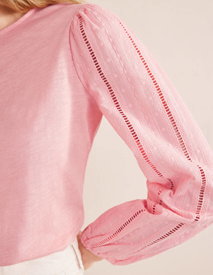 Crew Neck Broderie Sleeve Top-Dahlia Pink-2