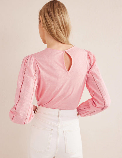 Crew Neck Broderie Sleeve Top-Dahlia Pink-3