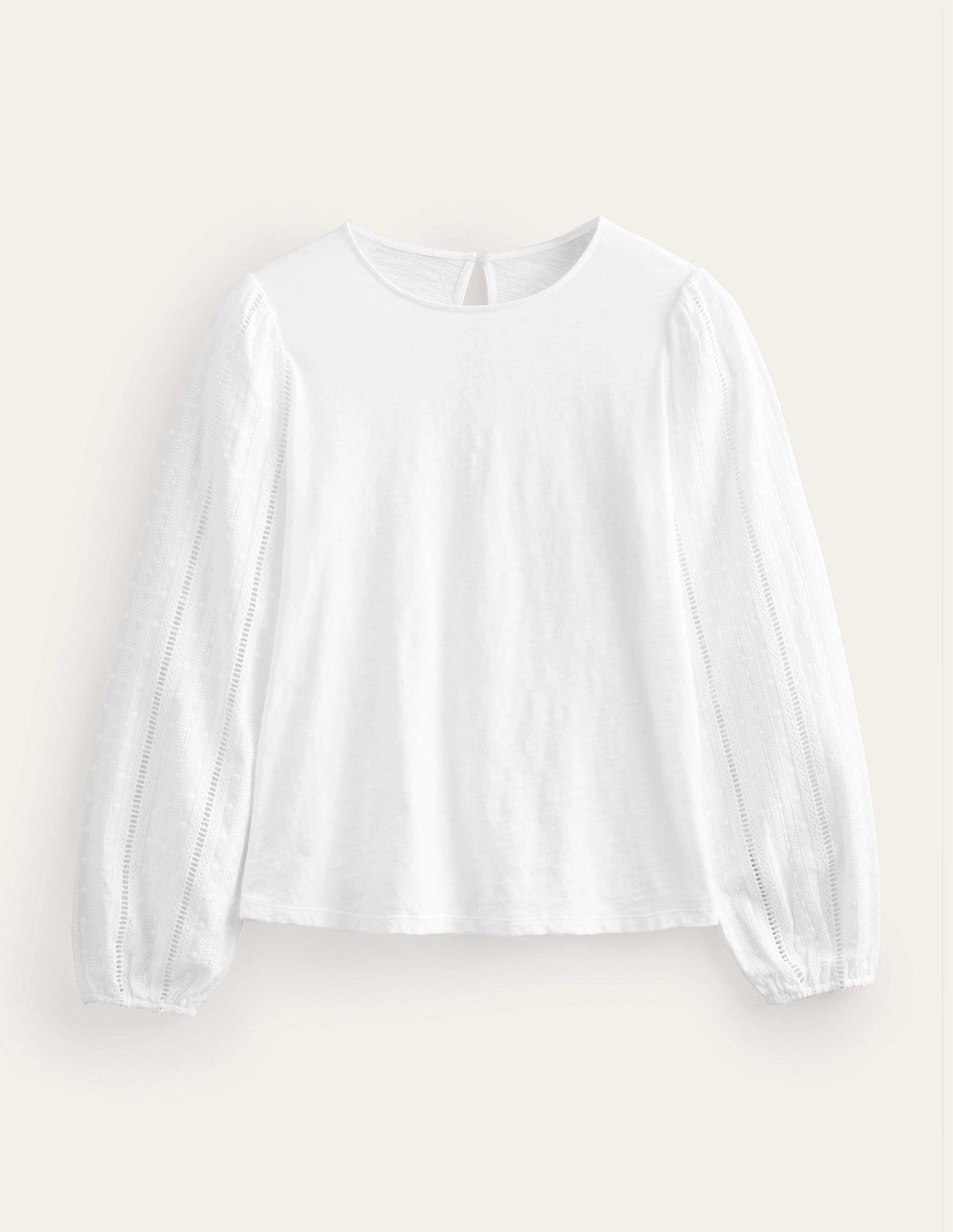 Crew Neck Broderie Sleeve Top-White-5