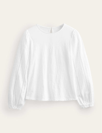 Crew Neck Broderie Sleeve Top-White-5