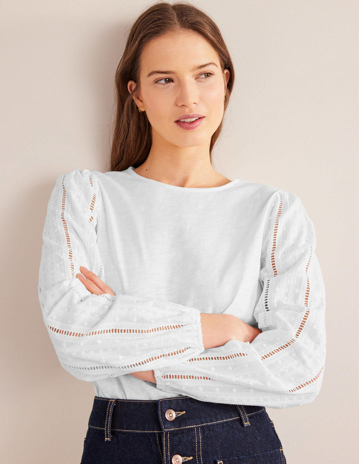 Crew Neck Broderie Sleeve Top-White