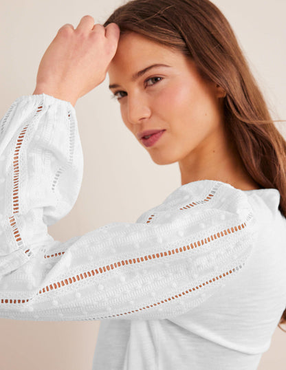 Crew Neck Broderie Sleeve Top-White-2