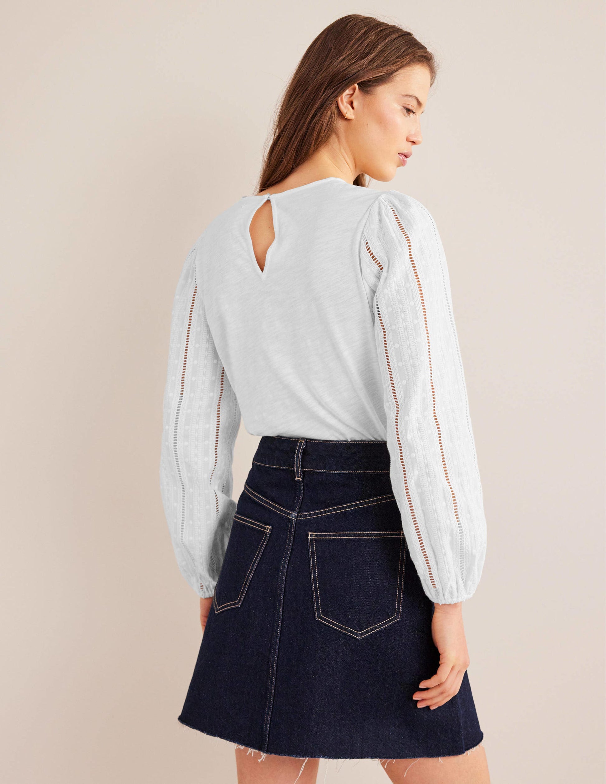 Crew Neck Broderie Sleeve Top-White-3