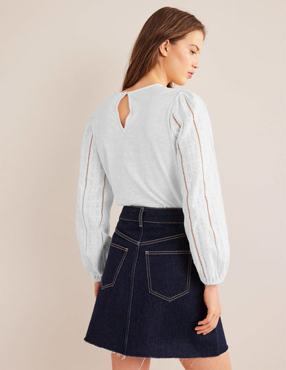 Crew Neck Broderie Sleeve Top-White-3