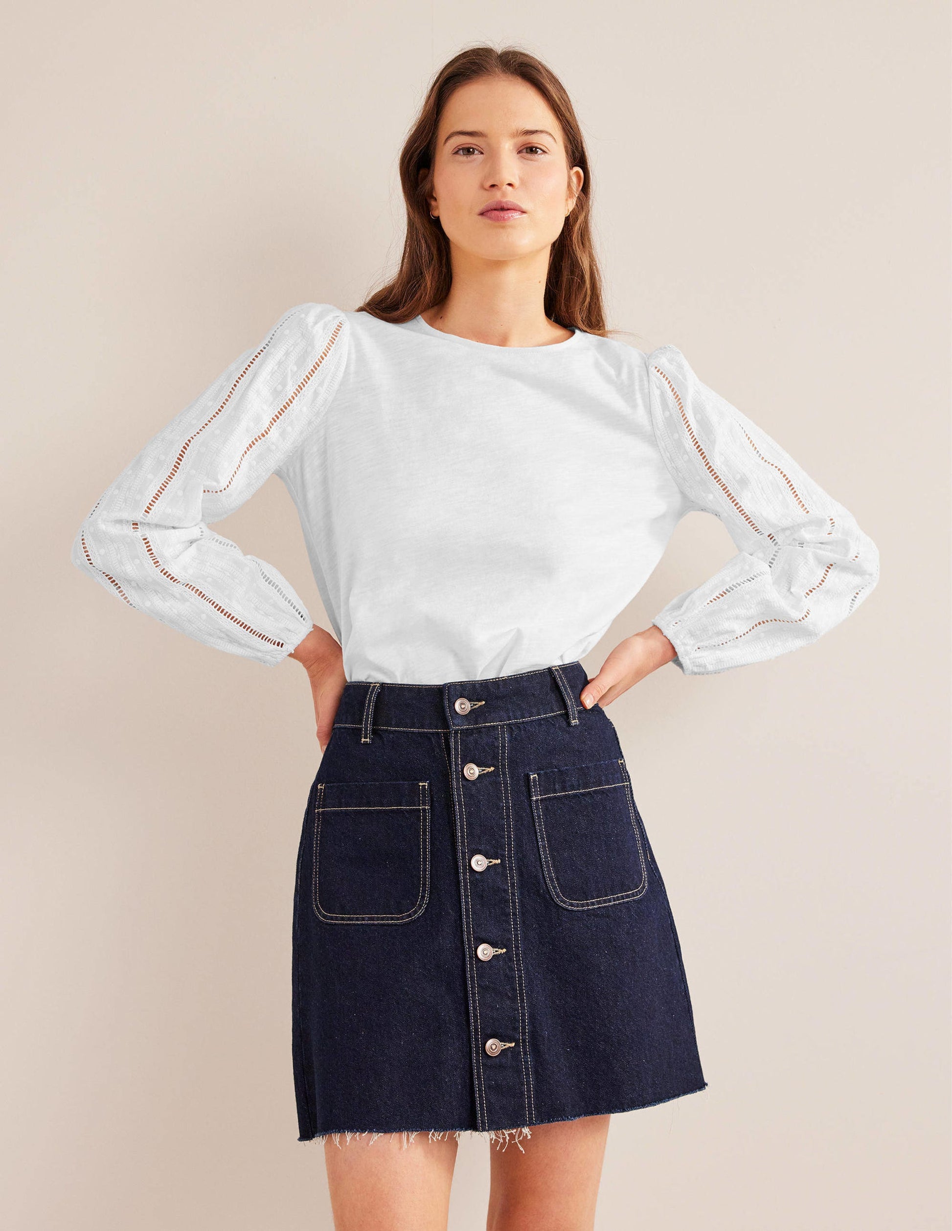 Crew Neck Broderie Sleeve Top-White-4