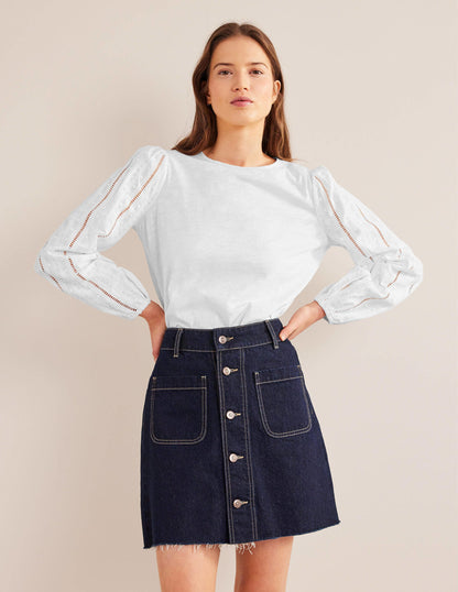 Crew Neck Broderie Sleeve Top-White-4