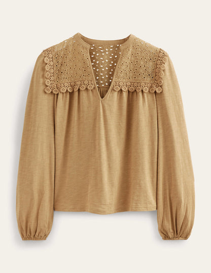 Notch Neck Woven Mix Top-Camel-5