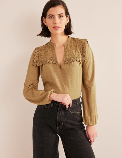 Notch Neck Woven Mix Top-Camel-1