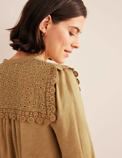 Notch Neck Woven Mix Top-Camel-2