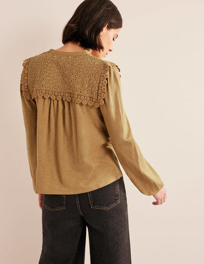 Notch Neck Woven Mix Top-Camel-3