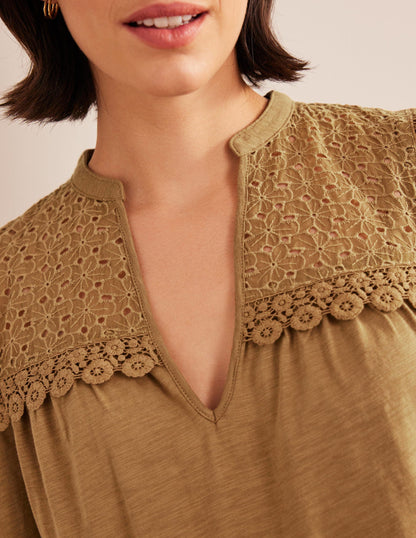 Notch Neck Woven Mix Top-Camel-4