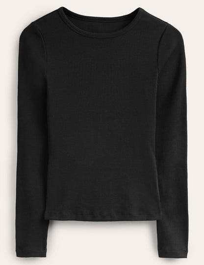 Cotton Ribbed Long Sleeve Top-Black-5