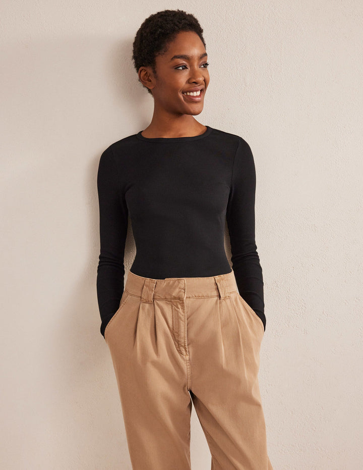 Cotton Ribbed Long Sleeve Top-Black