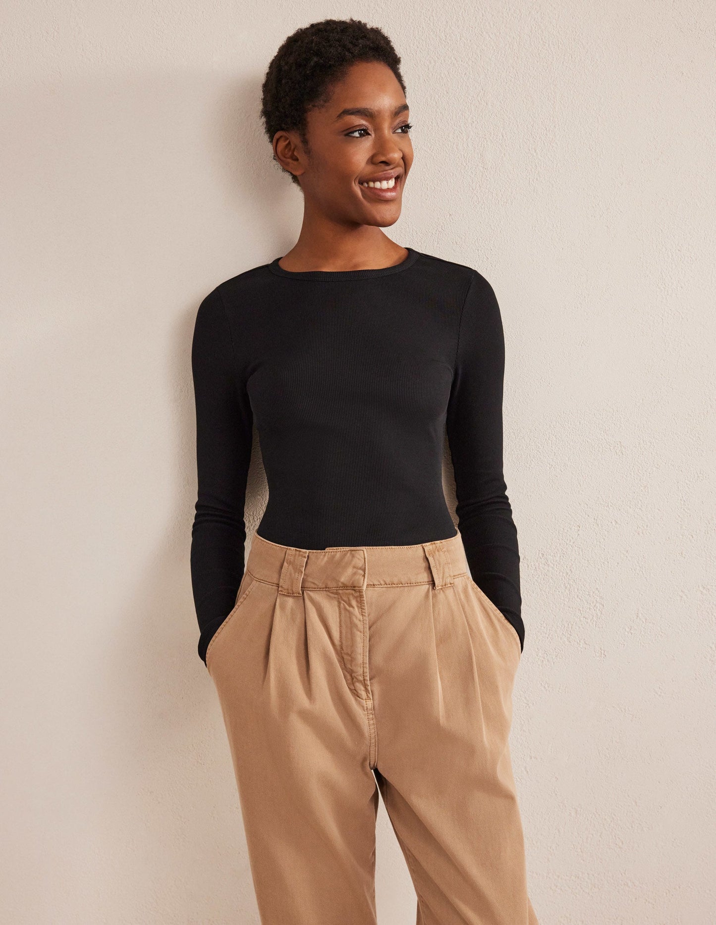 Cotton Ribbed Long Sleeve Top-Black