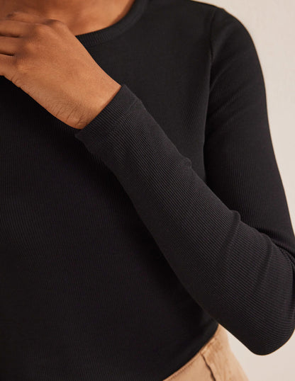 Cotton Ribbed Long Sleeve Top-Black-2