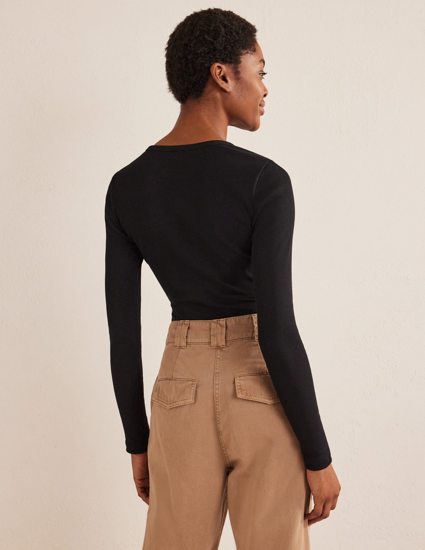 Cotton Ribbed Long Sleeve Top-Black