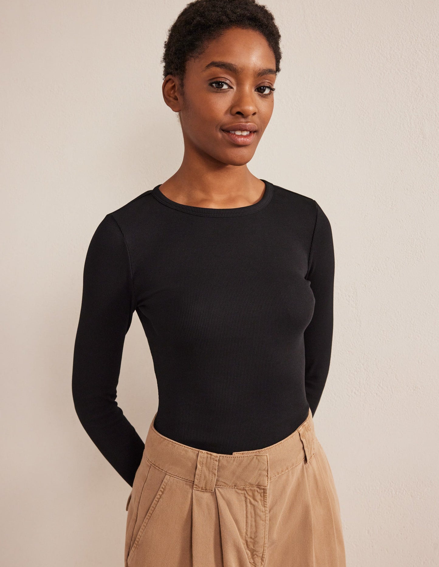 Cotton Ribbed Long Sleeve Top-Black