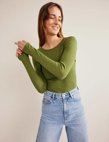 Cotton Ribbed Long Sleeve Top-Washed Khaki-1