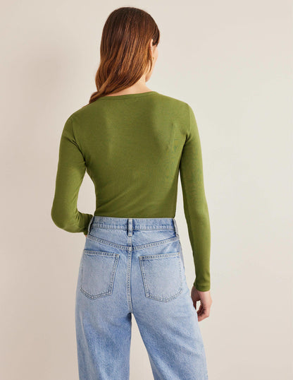 Cotton Ribbed Long Sleeve Top-Washed Khaki-3