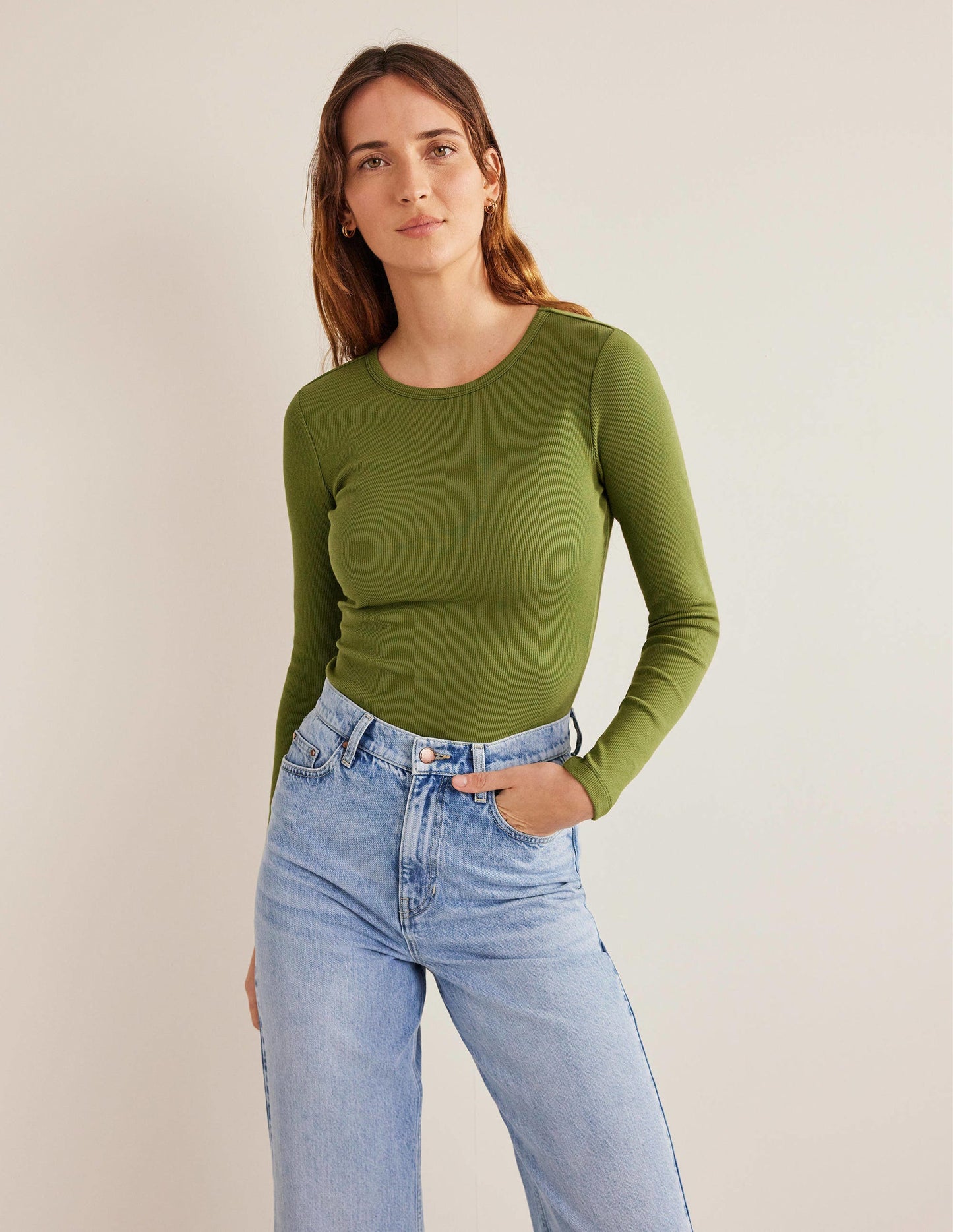 Cotton Ribbed Long Sleeve Top-Washed Khaki