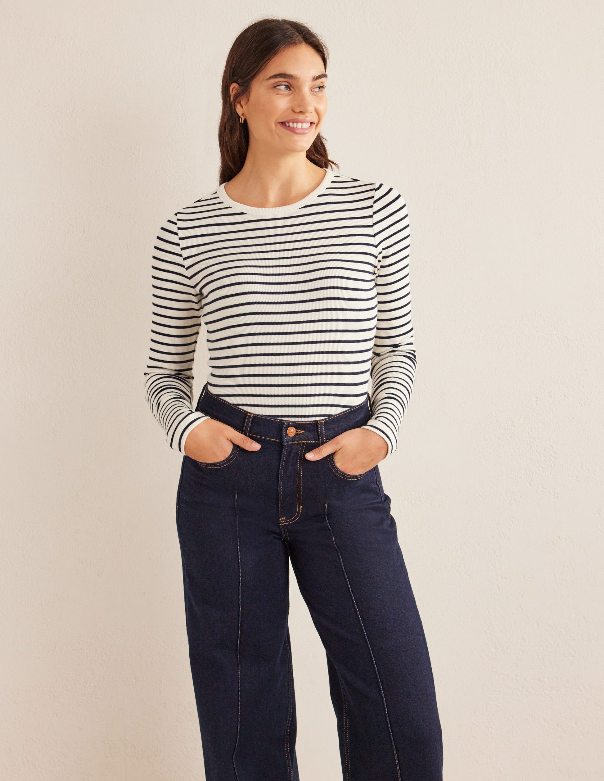 Cotton Ribbed Long Sleeve Top-Ivory/Navy Stripe-1